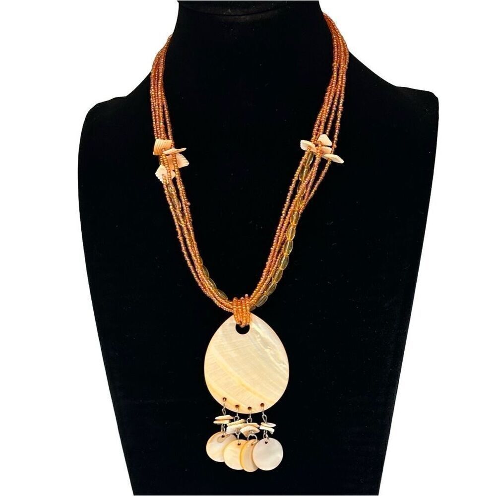 Vtg Handcrafted Sea Shell Beaded Necklace Orange Multistrand Mother Of Pearl